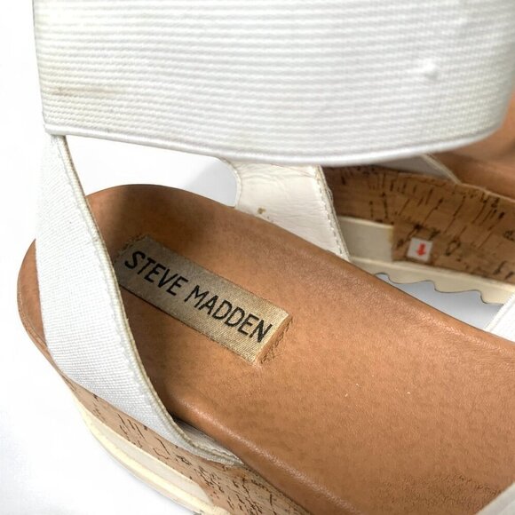 Steve Madden Womens White Platform Sandals 8.5M Cork Sole Elastic Straps Comfort - Picture 2 of 8